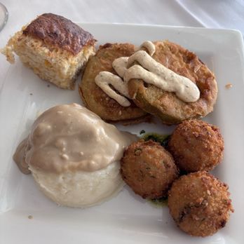 Daniel George - Fried green tomatoes, mushroom arancini, and mashed potatoes - New American Near Me - Mountain Brook, Alabama