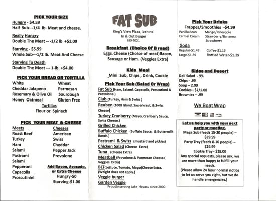 Menu photo 3 Fat Sub Lake Havasu City, AZ