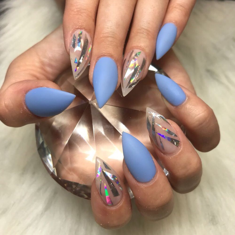 Six Star Nails and Spa - This shape is everything Narrow stiletto with matte blue and foil design - Nail Salons Near Me - Henderson, Nevada Six Star Nails and Spa - This shape is everything Narrow stiletto with matte blue and foil design - Nail Salons Near Me - Henderson, Nevada