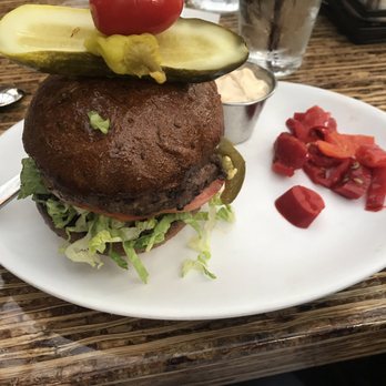 Relish Burger Bistro - Customized burger: Whole wheat buns, medium-rare beef, tomato/lettuce/jalapeño, relish sauce & mama lil's pepper relish on the side - New American Near Me - Seattle, Washington Relish Burger Bistro - Customized burger: Whole wheat buns, medium-rare beef, tomato/lettuce/jalapeño, relish sauce & mama lil's pepper relish on the side - New American Near Me - Seattle, Washington