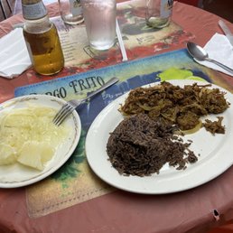 Vaca Frita, beans and rice, yucca