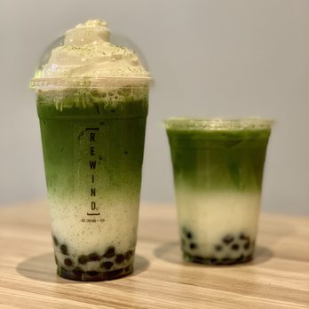 Rewind - Sweet matcha(left) and ice matcha latte (right) - Bubble Tea Near Me - Chandler, Arizona