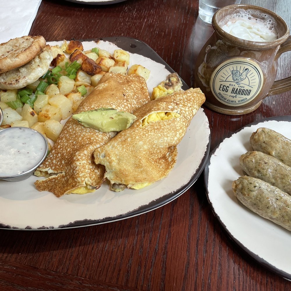 Egg Harbor Café - Cassie's Crepes with hot cocoa and chicken sausage - Breakfast & Brunch Near Me - Atlanta, Georgia Egg Harbor Café - Cassie's Crepes with hot cocoa and chicken sausage - Breakfast & Brunch Near Me - Atlanta, Georgia