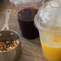 Fried corn table nibbles.The Purple corn drink tis made from purple corn. The yellow one is a frozen Passion Fruit drink!