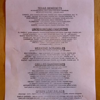 Arturo's Underground Cafe - Menu as of February 2022. - Cafes Near Me - Austin, Texas