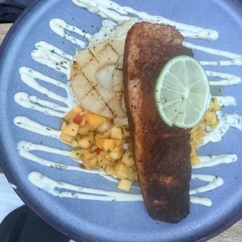 Mare Rooftop - Salmon with pineapple rice and succotash. - Seafood Near Me - Providence, Rhode Island Mare Rooftop - Salmon with pineapple rice and succotash. - Seafood Near Me - Providence, Rhode Island