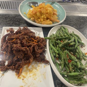 China Mama - Left to Right  Crispy beef, salted egg yolk prawns, string beans - Chinese Near Me - Las Vegas, Nevada
