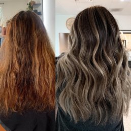 Studio B colored my hair on the left....  On the RIGHT Ashley Mcquinn fixed my hair at Clover & Pine Salon.  Color correction is expensive.
