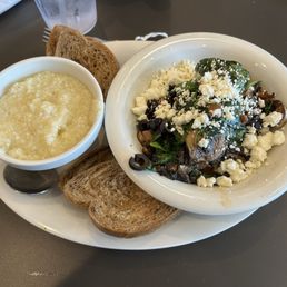 Greek Scrambler - delicious, with 2 pieces of rye and grits. Greek Scrambler - delicious, with 2 pieces of rye and grits.