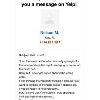 Coppelia - A rude waiter I wrote a review about sent me a PM. Seems unprofessional. I'd prefer if restaurant management replied to my review directly. - Cuban Near Me - New York, New York
