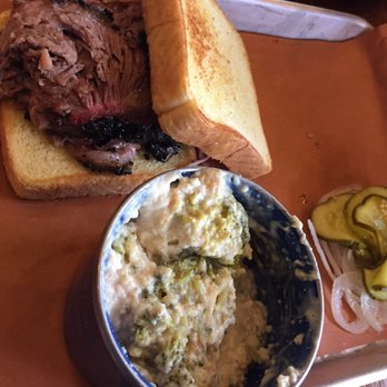 Sweet Cheeks Q - Prime beef brisket Sandwich ($12) - with Cita's Broccoli Cheese Casserole - Southern Near Me - Boston, Massachusetts