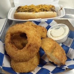 Chili cheese dog and onion rings