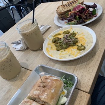 The Press - Latte,  Jalapeno Cheese Grits, The Breakfast Sammie,  mushroom panini - Coffee & Tea Near Me - Livermore, California