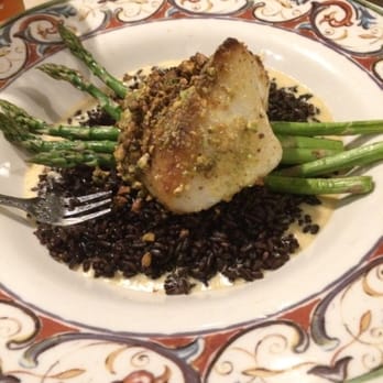 Painters' Restaurant - Pistachio encrusted seabass with a creamy sauce & asparagus. I think it was labeled " forbidden rice - New American Near Me - Brookhaven, New York Painters' Restaurant - Pistachio encrusted seabass with a creamy sauce & asparagus. I think it was labeled " forbidden rice - New American Near Me - Brookhaven, New York