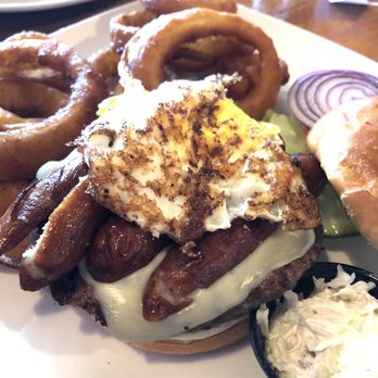 Vaughan's Pub & Grill - The mucker burger - with onion ring upgrade - Irish Near Me - Chicago, Illinois