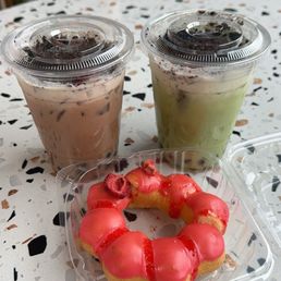 Oreo milk tea. oreo matcha milk tea, strawberry donut