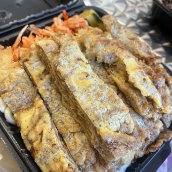 Jin’s Korean BBQ - Regular meat jun with cucumber Kim chi, Mac salad and shredded daikon - Hawaiian Near Me - Spring Valley, Nevada