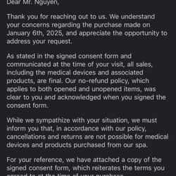 Earth Tech Spa - Screenshot of response to me wanting to cancel because of the pressure I had during the facial.