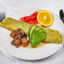 Bacon & Sausage Crepe: Mushroom, Chicken Sausage & Bacon Served In Bacon Crepe