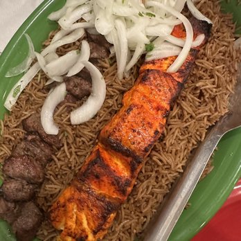 Kabul Kabab House - Salmon and Lamb Tikka Combo Platter over Brown Rice - Afghan Near Me - Flushing, New York