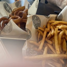 Large orders of fries and onion rings! Both were great!