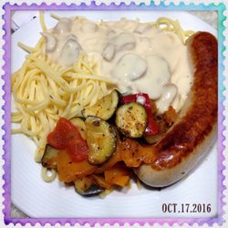 Migros - Pasta with mushroom cream sauce, bratwurst, and veggies (12.90 CHF) - Filling and very good