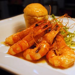 Russells Restaurant - Large Grilled Tiger Prawns with Chilli & Rosemary Butter.