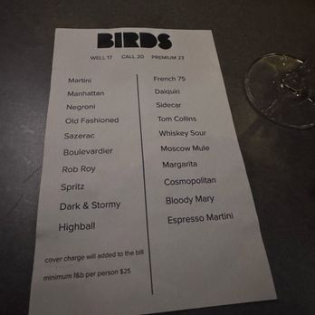 Birds - Drinks list - Jazz & Blues Near Me - New York, New York