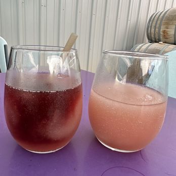 Sauvage Spectrum Estate Winery - Peach Frosé with floater of red wine and without - Wine Tasting Room Near Me - Palisade, Colorado Sauvage Spectrum Estate Winery - Peach Frosé with floater of red wine and without - Wine Tasting Room Near Me - Palisade, Colorado