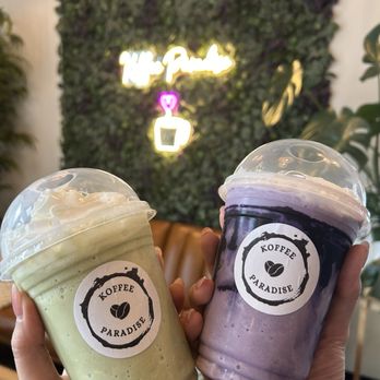 Koffee Paradise - Konatcha breeze (left) and ube breeze with espresso (right) - Coffee & Tea Near Me - Columbus, Ohio Koffee Paradise - Konatcha breeze (left) and ube breeze with espresso (right) - Coffee & Tea Near Me - Columbus, Ohio