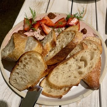 Cassava - Pate with strawberries, fig jam and toasted crostini, dotted with fresh fennel frawns. - Cafes Near Me - San Francisco, California Cassava - Pate with strawberries, fig jam and toasted crostini, dotted with fresh fennel frawns. - Cafes Near Me - San Francisco, California