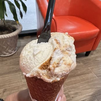 Friends Ice Cream And Coffee - Double scoop of the biscoff and caramel ice cream on a waffle cone. - Ice Cream & Frozen Yogurt Near Me - Katy, Texas