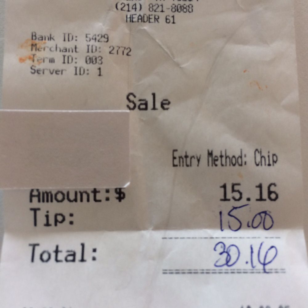 Scalini's Pizza and Pasta - Receipt - Pizza Near Me - Dallas, Texas