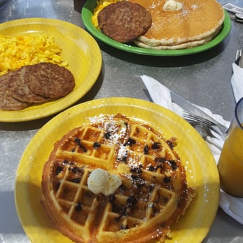 Cafe 222 - The food: pancakes, cheese eggs, sausage, and blueberry waffle - Breakfast & Brunch Near Me - San Diego, California