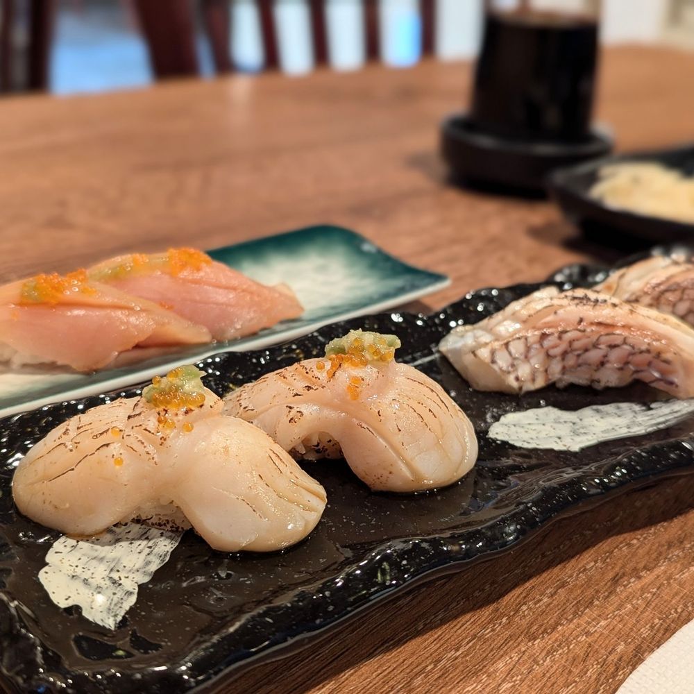 Bashamichi Sushi and Bar - Scallop & Red snapper (tai) + Albacore Toro in back - Japanese Near Me - Millbrae, California Bashamichi Sushi and Bar - Scallop & Red snapper (tai) + Albacore Toro in back - Japanese Near Me - Millbrae, California