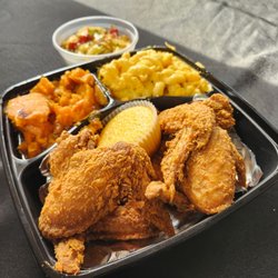 Bronzeville Soul - Fried chicken wings, macaroni and cheese, candied sweet potatoes, fried cabbage, cornbread muffin