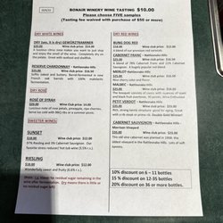 Bonair Winery - Tasting menu