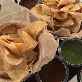 Superica Avalon - Starter chips and salsa. The red salsa was warm and the green salsa was colder. - Tex-Mex Near Me - Alpharetta, Georgia Superica Avalon - Starter chips and salsa. The red salsa was warm and the green salsa was colder. - Tex-Mex Near Me - Alpharetta, Georgia