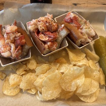Luke's Lobster  - Lobster Roll Flight  lobster roll sampler of three 2 oz half-rolls: lemon butter, spicy honey butter, and truffle butter w/ chips - Seafood Near Me - Seattle, Washington