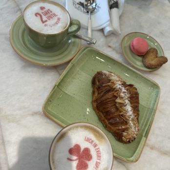 Bouchée Patisserie - Almond Croissant (Croissant Aux Amandes), latte, cappuccino, raspberry lychee macaron, palmier - Patisserie/Cake Shop Near Me - Houston, Texas