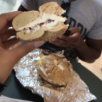 Bagels Plus - Sesame bagel with plain cream cheese and bacon. Bacon egg and cheese with cream cheese on an everything bagel - Bagels Near Me - Acton, Massachusetts Bagels Plus - Sesame bagel with plain cream cheese and bacon. Bacon egg and cheese with cream cheese on an everything bagel - Bagels Near Me - Acton, Massachusetts