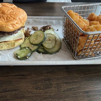 Burger Shed - Mushroom Swiss burger with tots - American Near Me - Altoona, Iowa Burger Shed - Mushroom Swiss burger with tots - American Near Me - Altoona, Iowa