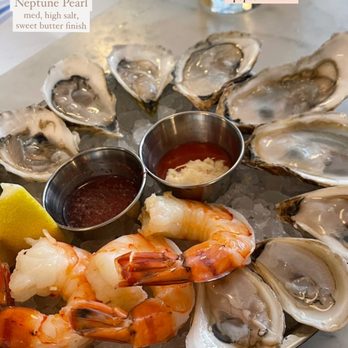 Neptune Oyster - Oysters (labeled) and shrimp cocktail - Seafood Near Me - Boston, Massachusetts