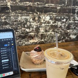 Iced vanilla latte, Morning bun Iced vanilla latte, Morning bun