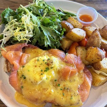 Foreigner - Salmon Eggs Benedict - delicious, really liked the salad dressing and potatoes. - Breakfast & Brunch Near Me - San Mateo, California Foreigner - Salmon Eggs Benedict - delicious, really liked the salad dressing and potatoes. - Breakfast & Brunch Near Me - San Mateo, California