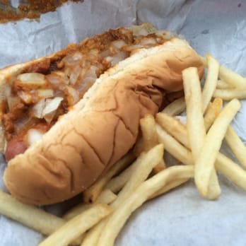 Jacky's Hot Dogs - Glorious! . . . Chili dog with some of the included fries - Fast Food Near Me - Chicago, Illinois Jacky's Hot Dogs - Glorious! . . . Chili dog with some of the included fries - Fast Food Near Me - Chicago, Illinois