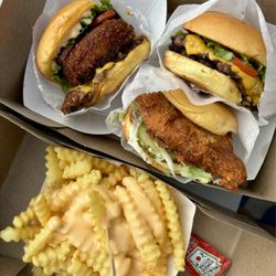 Shake Shack - Shack Stack, Double Shackburger, Chicken Stack, and Cheese Fries.