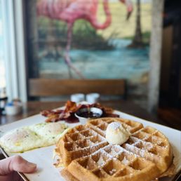 The Tri-Fecta® with Belgian Waffle, bacon and two over -easy eggs. This is one of my breakfast favorites at First Watch ! The Tri-Fecta® with Belgian Waffle, bacon and two over -easy eggs. This is one of my breakfast favorites at First Watch !