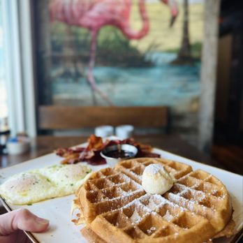 First Watch - The Tri-Fecta® with Belgian Waffle, bacon and two over -easy eggs. This is one of my breakfast favorites at First Watch ! - Breakfast & Brunch Near Me - Plantation, Florida First Watch - The Tri-Fecta® with Belgian Waffle, bacon and two over -easy eggs. This is one of my breakfast favorites at First Watch ! - Breakfast & Brunch Near Me - Plantation, Florida