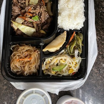 Korean Food Express - Bulgogi beef bento box came with soup and kimchi. I prefer this type of bulgogi not too sweet with a lot of sauce. - Korean Near Me - Markham, Ontario